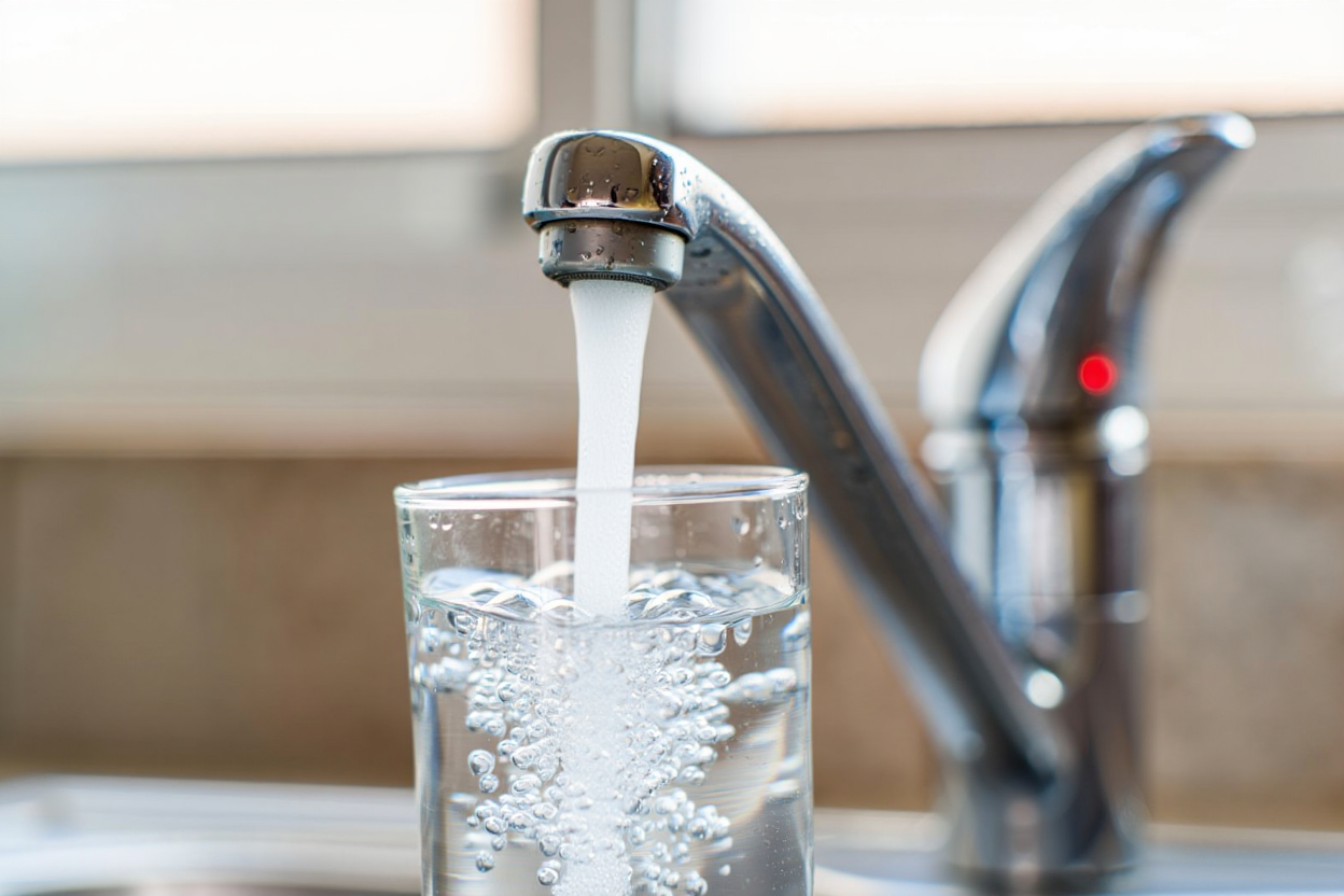 robinet mitigeur remplissant un verre d'eau