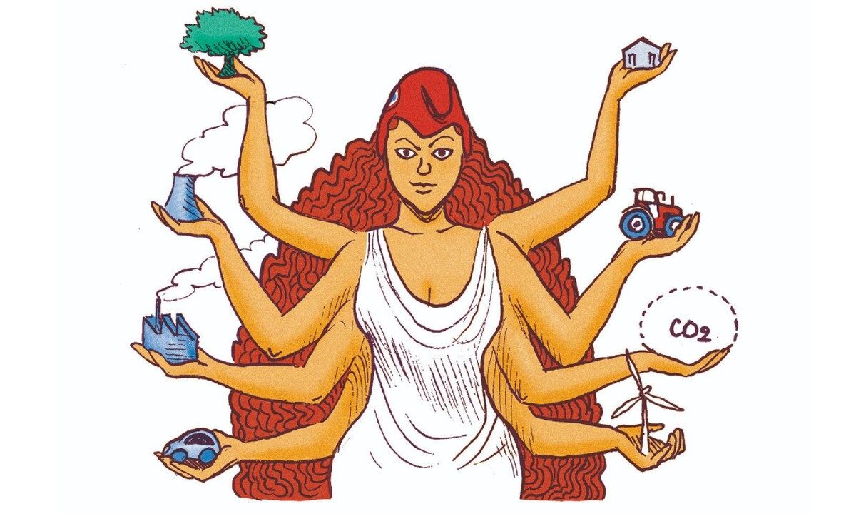 Couverture du livre « Réussir à l'ère des crises » du Shift Project : une Marianne aux multiples bras, coiffée du bonnet phrygien, tient un arbre, une maison, un tracteur, une centrale, une usine, une voiture électrique, une éolienne et le symbole CO2.