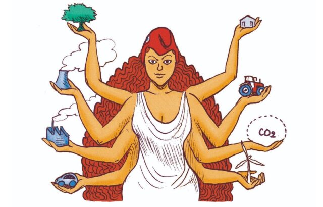 Couverture du livre « Réussir à l'ère des crises » du Shift Project : une Marianne aux multiples bras, coiffée du bonnet phrygien, tient un arbre, une maison, un tracteur, une centrale, une usine, une voiture électrique, une éolienne et le symbole CO2.