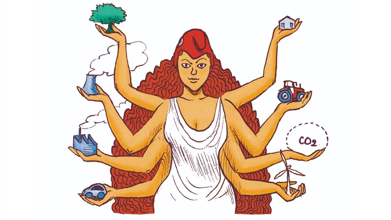 Couverture du livre « Réussir à l'ère des crises » du Shift Project : une Marianne aux multiples bras, coiffée du bonnet phrygien, tient un arbre, une maison, un tracteur, une centrale, une usine, une voiture électrique, une éolienne et le symbole CO2.